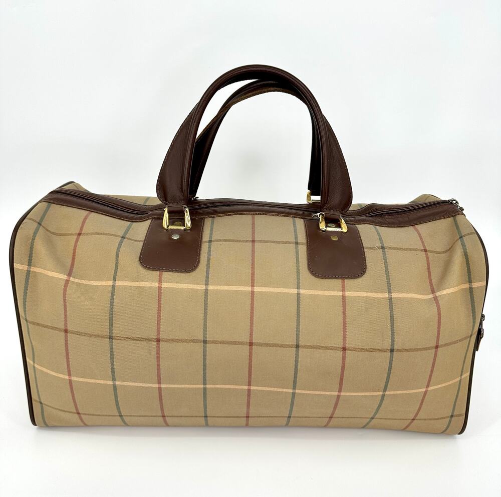 Vintage Burberrys London House Check Canvas Leather Duffle Bag England